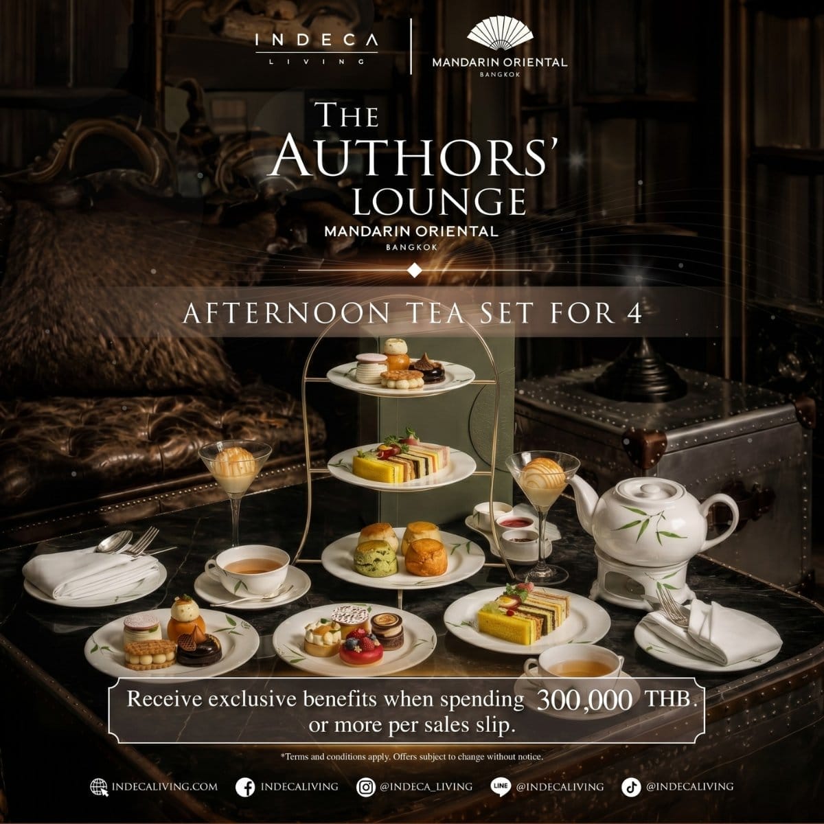 INDECA Living furniture setting featuring an Afternoon Tea Set for 4 from The Authors' Lounge at Mandarin Oriental Bangkok.