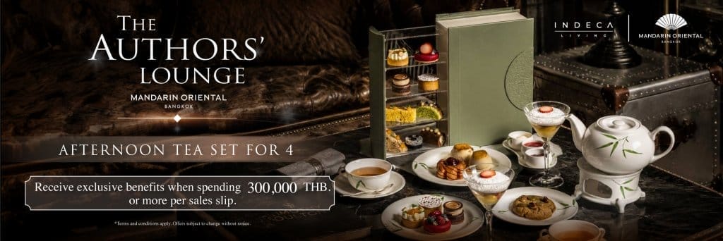 INDECA Living furniture setting featuring an Afternoon Tea Set for 4 from The Authors' Lounge at Mandarin Oriental Bangkok.